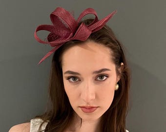 Burgundy modern fascinator, cocktail hat, small elegant hat, occasion hat, red wine headpiece, church fascinator, formal event headpiece