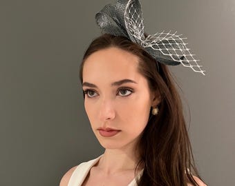 Silver fascinator, elegant cocktail hat, silver bow wedding fascinator, special events hat, Derby fascinator, formal stylish headpiece