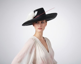 Black Boater Hat With White Floral Pearl Band | Elegant  display picture 3