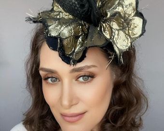 Gold And Black Flower Fascinator, Jacquard Embroidery Hat, Derby Fascinator, Garden Party Hat, Weddings & Events Headwear, READY TO SHIP