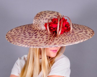 Kentucky Derby hat, Leopard print hat, Royal Ascot hat, big brim hat, summer hat, silk flower hat, handmade hat, design hat, gift for her