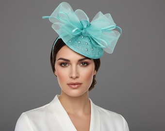 Vintage Style Teal Green Mesh Fascinator Hat Rhinestone Bow Wedding Tea Party Blue/Orange/Green Feather Fascinator Hat Clip Wedding Tea  main image 4