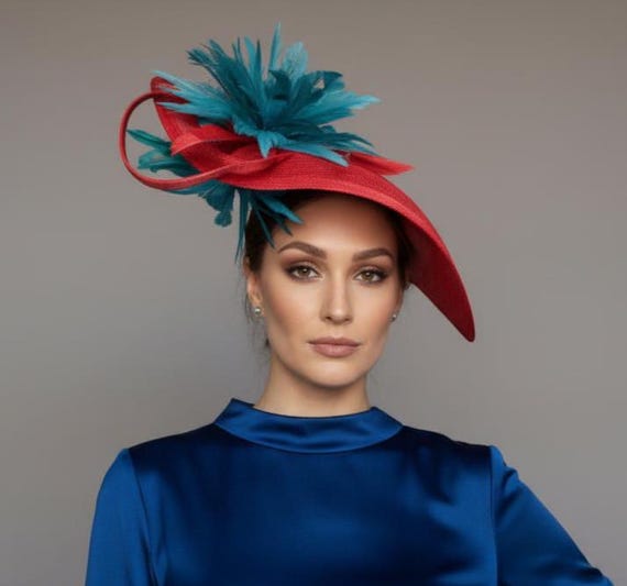 Teal Bow Headband Turquoise Red Bow Fascinator – Derby, Wedding, Party Statement m_68f169fa4a072bf38c28afb3.jpg main image 2