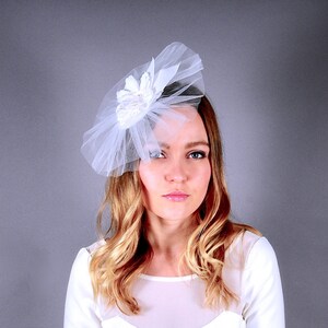 Bridal fascinator, bridal headpiece, wedding, white tulle fascinator, veil