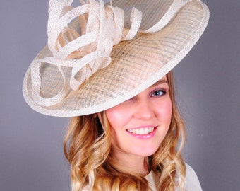 Kentucky Derby hat, off-white large brim hat, Royal Ascot hat, off-white hat, fascinator, wedding hat