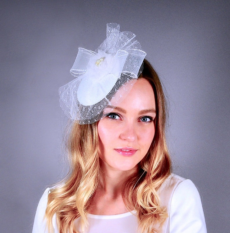 White bridal fascinator wedding veil with bow white Etsy