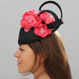 Black Kentucky Derby hat, silk coral flower fascinator, bridal shower, tea party, cocktail hat, black church hat, wedding fascinator