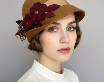 Brown felt hat, brown cloche hat, winter felt hat, hat with flowers, brown women hat, fall hat, holiday hat, gift for her