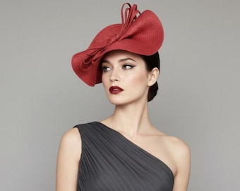Red Fascinator, Elegant Wedding Hat, Church Hat, Tea Party Hat, Derby Fascinator Red Cocktail Hat, Modern Sculptural Hat, Formal Event Hat