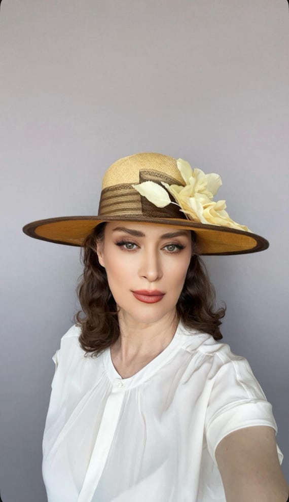 Yellow Rose Wide Brim Straw Hat, Kentucky Derby Hat, Church 