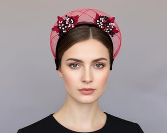 Red Embroidered Couture Headband, Elegant Design Fascinator, Statement Mesh Headpiece, Unique Handmade Crown, Gift for Her, Occasion Hat