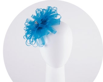 Blue flower fascinator with crystal flower, blue cocktail hat, Kentucky Derby het, wedding headpiece