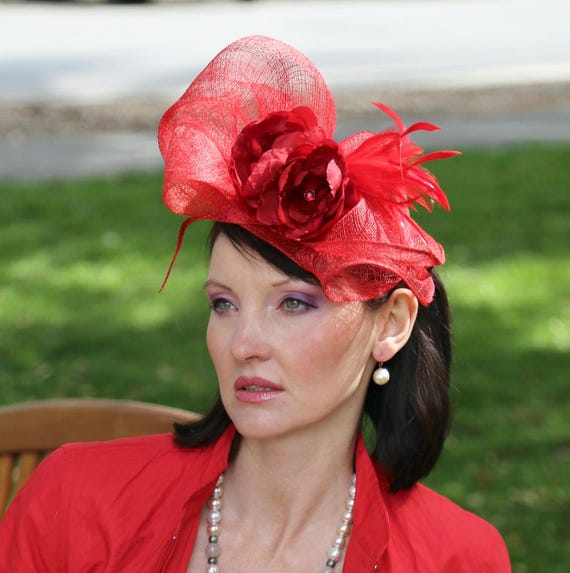 Kentucky Derby Headwear Red Hat Fascinator Feather Statement Formal Occasion Kentucky Derby Hat. Red Hat. Kentucky Derby Fascinator. Red  main image 3
