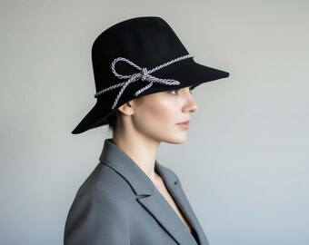 Chapeau fedora en feutre noir avec bordure en corde grise | Chapeau classique moderne minimaliste | Bonnet simple pour tous les jours