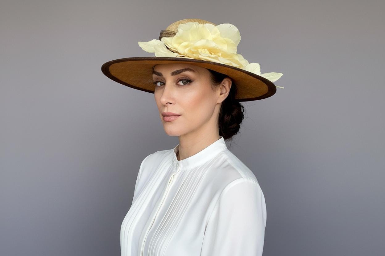 Yellow Rose Wide Brim Straw Hat, Kentucky Derby Hat, Church  display picture 1