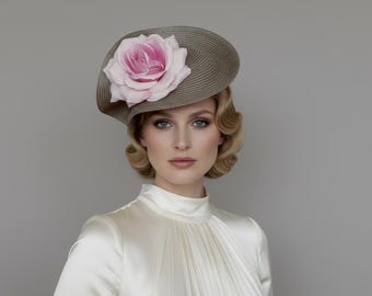 Taupe Fascinator Hat with Pink Rose | Elegant Wedding Guest Hat | Royal Ascot Headpiece | Kentucky Derby Hat | Statement Cocktail Hat