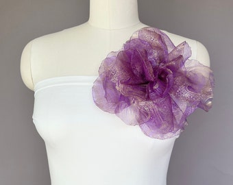 Purple flower brooch, large purple corsage, purple chiffon flower, purple rose brooch, organza flower, silk flower, textile flower brooch