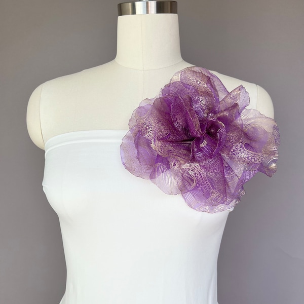 Purple flower brooch, large purple corsage, purple chiffon flower, purple rose brooch, organza flower, silk flower, textile flower brooch