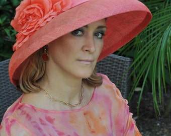 Coral Derby hat, straw hat, large silk flower hat, church hat, sinamay formal hat, peach straw hat, wedding hat, summer hat