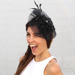 Black flower net fascinator, black feather hat, black cocktail hat, Kentucky Derby hat, black church hat, special occasion hat, wedding hat