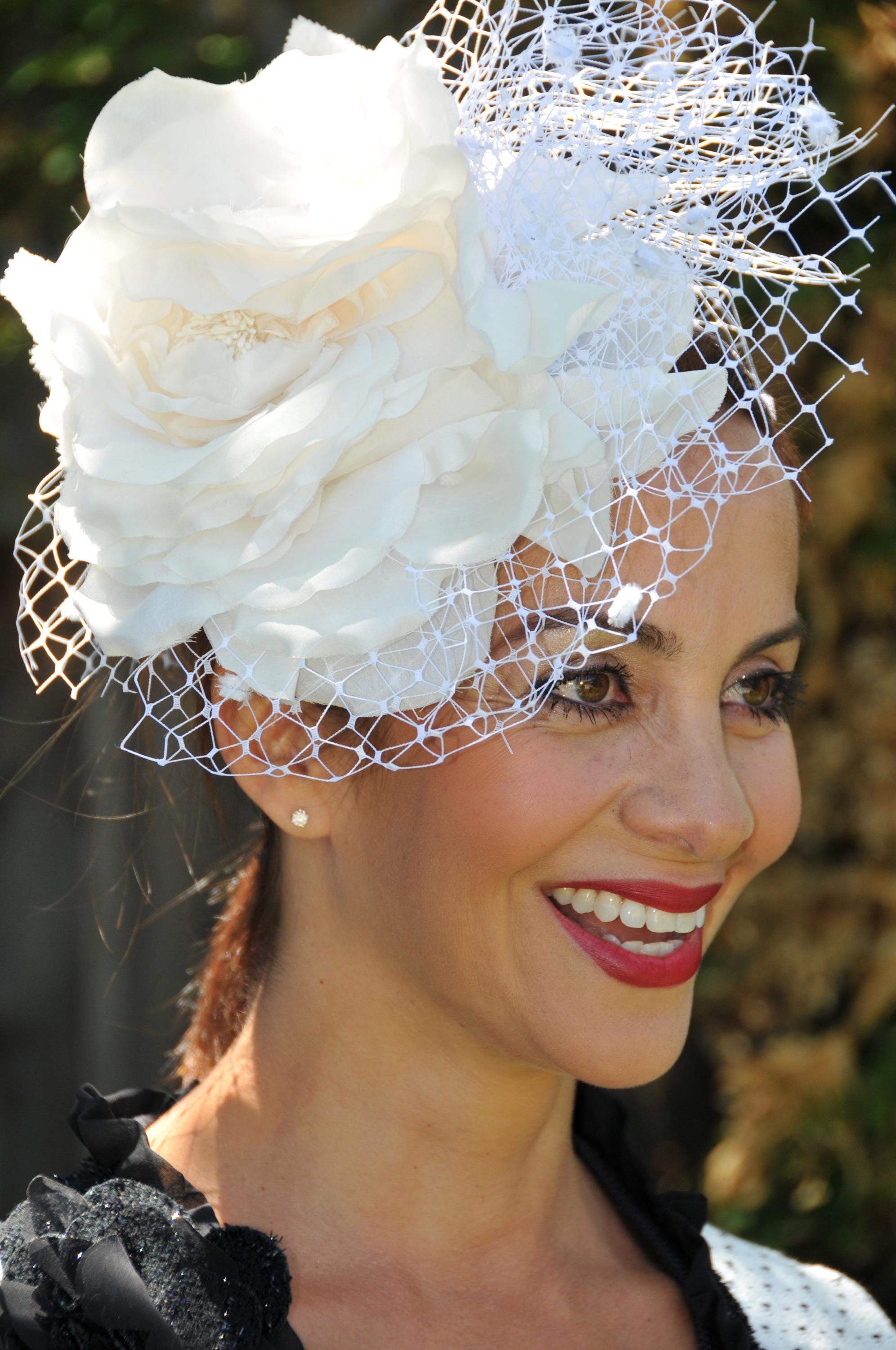 Large Flower Fascinator Hat - Handmade Elegant Cocktail Headpiece for Weddings Fascinator Hat Sheer Mesh Large Flower Veil Retro Elegant  main image 2