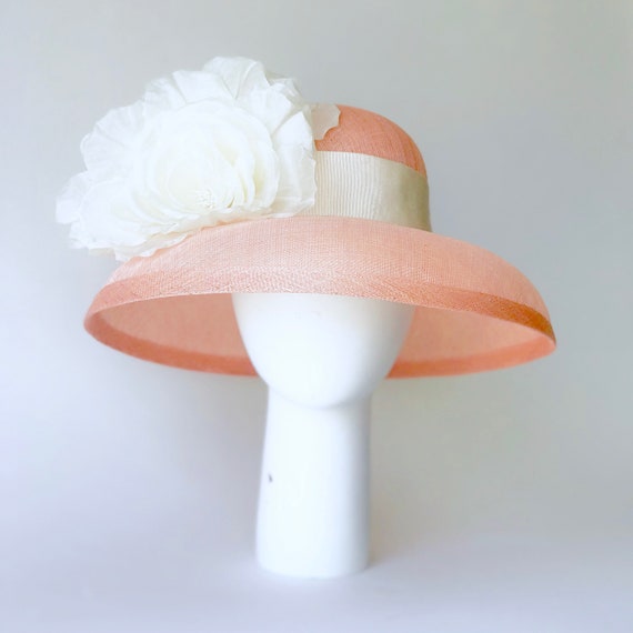 Coral Peach and White Wide Brim Hat, Elegant Wedding Hat  display picture 1