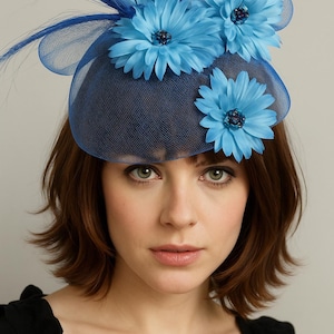 Blue Kentucky Derby hat, blue flower fascinator, blue cocktail hat, church fascinator