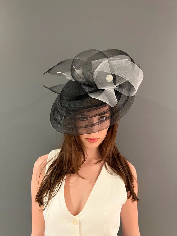 Kentucky Derby / Church Hat - Chic Monochrome Feather Fascinator Black & White Exclusive Design Ladies Large Brim Black/white Kentucky  main image 4