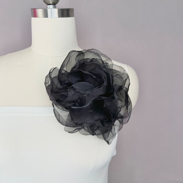 Black flower, black chiffon flower, black rose corsage, large organza flower, silk flower brooch, textile flower brooch, party brooch