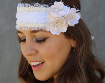 Silk flower headband, wedding headband, white silk headpiece, woodland wedding, couture headband, silk flower, boho wedding, bridal headband