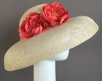 Straw hat, formal hat, silk flower hat, elegant hat, Derby Hat, off-white church hat, women hat, summer hat, wedding hat, gift for mom,