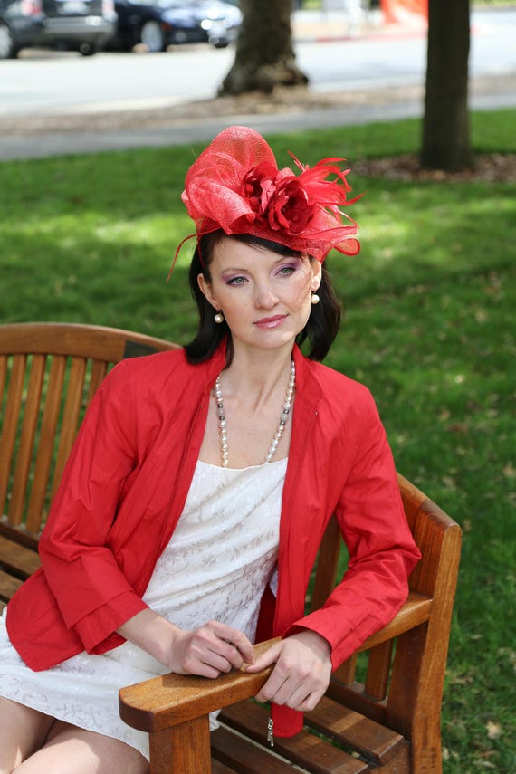 Red Flower Feather Fascinator, Red Cocktail Hat, Tea Party  display picture 1