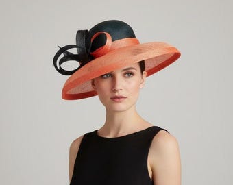 Schwarz und Orange Hut mit breiter Krempe, Kentucky Derby Hut, Eleganter Kirchen Hut, Renntag Hut, Garten Party Hut, Couture Hut, Hochzeitshut, Party Hut
