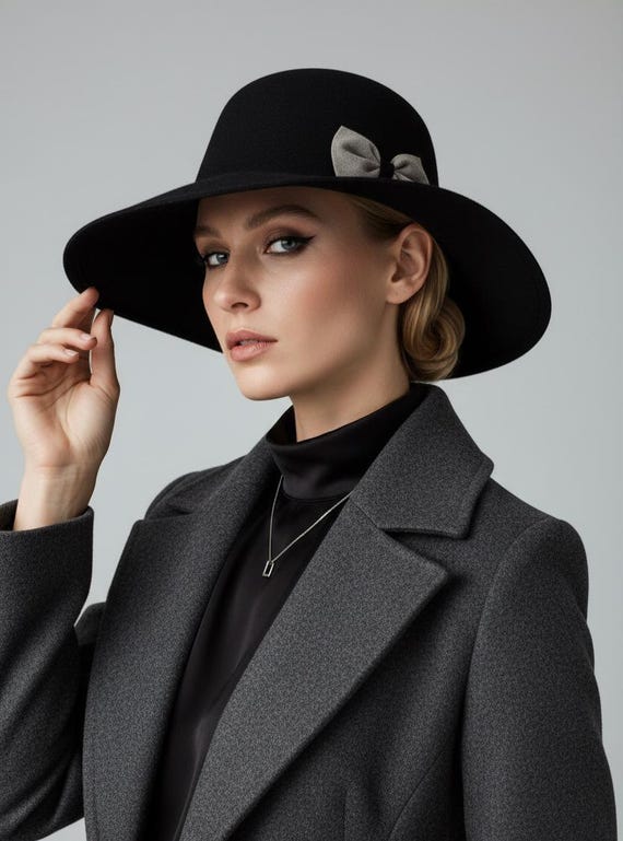 Black Felt Fedora Hat with Gray Suede Bow | Minimalist Modern Classic Hat | Simple Everyday Hat