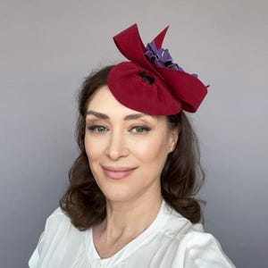 Red Felt Fascinator, Purple Leather Flower Fascinator, Statement Cocktail Hat, Derby Headpiece, Wedding Guest Fascinator, Design Millinery
