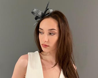 Silver twisted bow fascinator, metalic gray fascinator, elegant headpiece, gray cocktail hat, silver wedding fascinator, special events hat