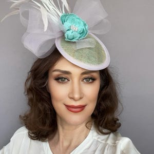 Mint Green And Pink Fascinator with Bow and Feathers, Kentucky Derby Hat, Ascot Hat, Wedding Headpiece, Garden Party Flower Hat, Tea Party