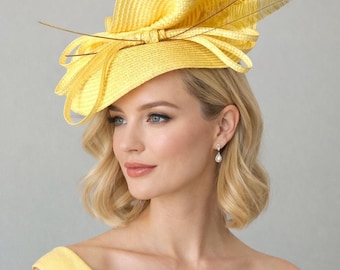 Sombrero tocado amarillo, sombrero para el Derby de Kentucky, sombrero de paja amarillo, sombrero para invitada de boda, sombrero para Royal Ascot, sombrero para la iglesia, sombrero para la fiesta del té, sombrero llamativo