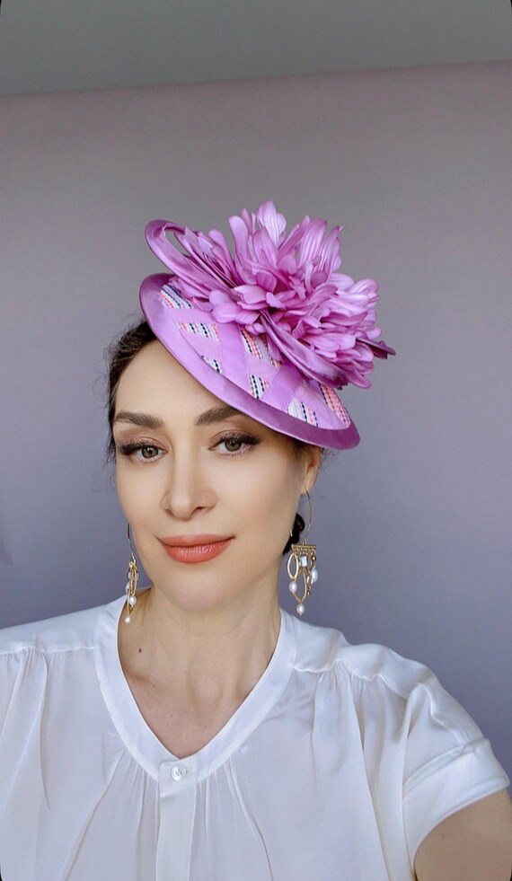 Orchid Pink Floral Fascinator, Elegant Purple Cocktail Hat  display picture 1