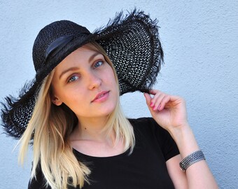 Black straw summer hat, black fedora hat, black party hat, black derby party hat