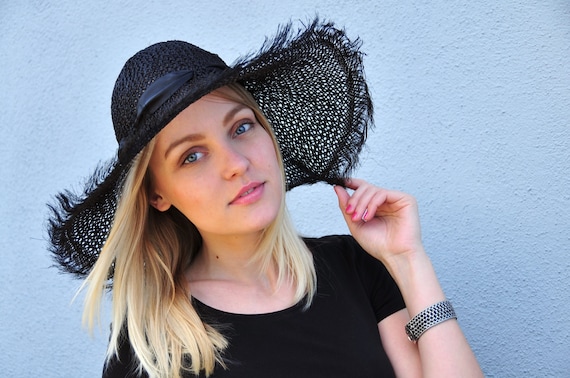 Black straw summer hat, black fedora hat, black party hat, black derby party hat