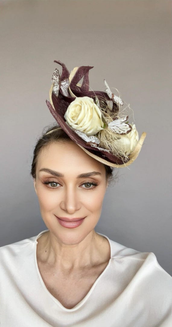 Elegant Floral Fascinator Hat With Butterflies, Mini Hat  display picture 1