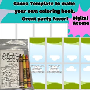 May include: A Canva template for a coloring book, with the text "Canva Template to make your own coloring book. Great party favor! Digital Access." Includes a coloring book, crayons, and coloring pages with cartoon illustrations.