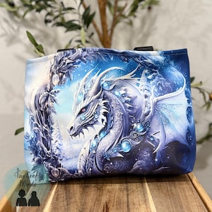 Large 13x17 Vinyl Tote Bag with Majestic Ice Dragon Design | Fantasy Mythical Creature Waterproof Lined Tote | Cool Magical Everyday Bag