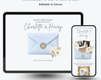 Wedding Website Canva Template | Dusty Blue Canva Save the Date with RSVP | Editable Digital Invitation