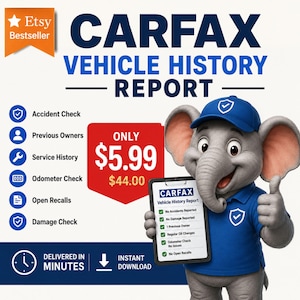 May include: A graphic for a CARFAX Vehicle History Report, featuring a cartoon elephant. The image highlights accident, owner, and service history checks. The price is £4.79. Text includes 'Delivered in Minutes' and 'Instant Download'.