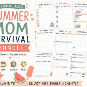 Op de afbeelding: Een verzameling van 13 afdrukbare pagina's, de "Summer Mom Survival Bundle", bevat wekelijkse en dagelijkse schema's, maaltijdplanners, boodschappenlijstjes en meer. Het ontwerp toont een strandtas, zonnebril en een watermeloen.