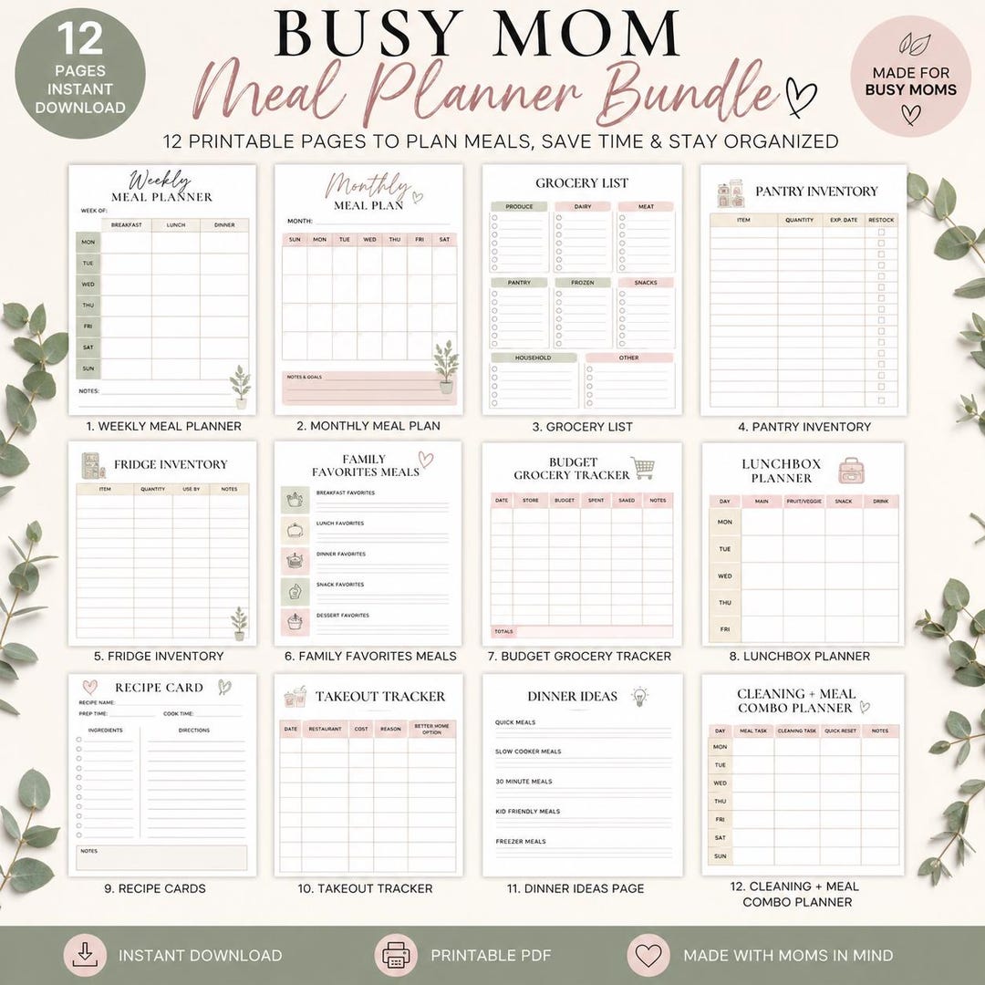 Busy Mom Meal Planner Bundle | Weekly, Monthly, Grocery List (PDF ...