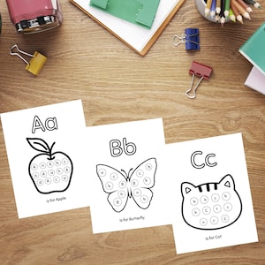 Páginas de actividades con marcadores de puntos del alfabeto / Hojas para colorear del ABC para niños / Aprendizaje preescolar imprimible / Reconocimiento de letras de la A a la Z