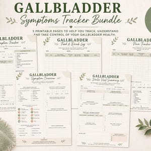 May include: A bundle of five printable pages for tracking gallbladder symptoms, including a symptom tracker, food and drink log, pain tracker, symptom overview, and doctor visit summary. The pages have a beige background with green text and decorative floral elements.